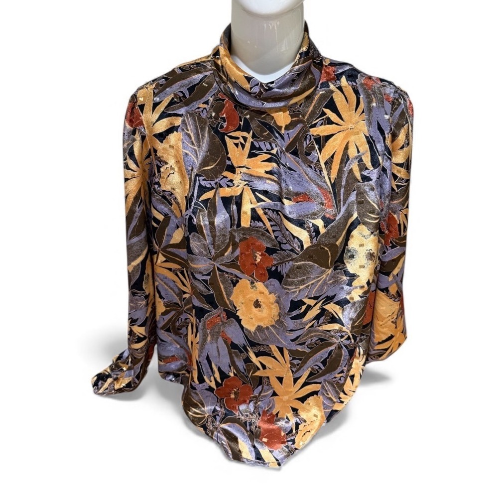 Vtg 80s Natalie Women's tag M fits small Print Mock Neck Long Sleeve Blouse Top‎